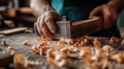 A detailed close-up of a hand plane smoothing the surface of a wooden board, creating delicate curls of wood shavings