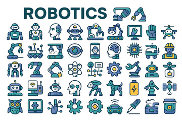 Robotics, AI, automation and futuristic technology icons, robots, drones, gears, and more, icon set