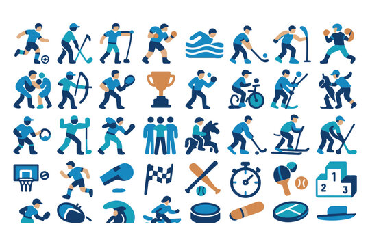 Sports activity icons for local games and competitions, covering various types of sports, teams, and individual exercises icon set