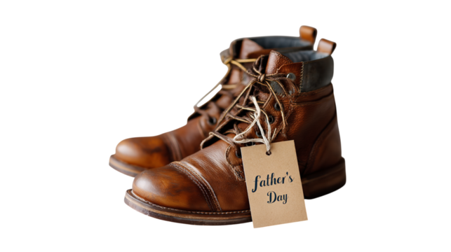 Father's day gift idea brown leather boots with tag present for dad holiday celebration footwear style