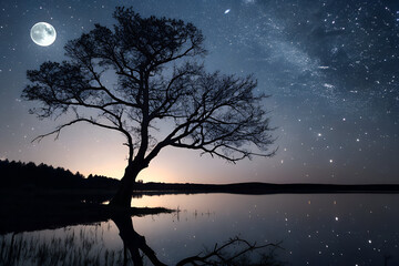 Silhouette of a Tree Reflecting in Dark Water Under a Starry Night Sky