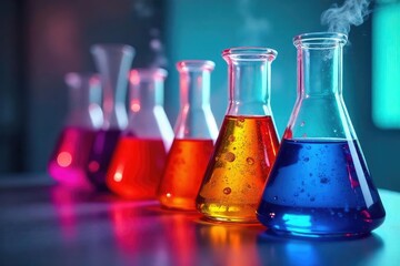 Multiple beakers filled with colorful liquids, experiment, colorful solution