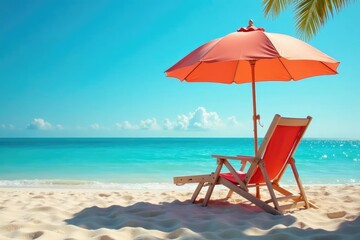 Relaxing umbrella beach chair on sandy beach, sunny day , waves, holiday