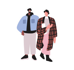 Man and woman in modern style outfits, walking outdoors. Young male and female in stylish fashion urban apparels, trendy casual clothing. Flat vector illustration isolated on white background