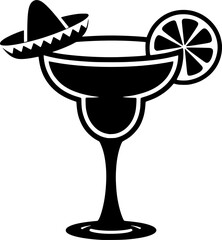 A black outline of a margarita glass decorated with lime and a sombrero for a cheerful drink graphic