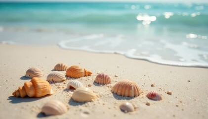 Seashells scattered on pristine sand, ocean waves gently lapping shore,  wedding decor,  wedding aisle, beach wedding