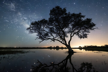 Silhouette of a Tree Reflecting in Dark Water Under a Starry Night Sky