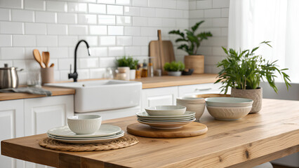Modern kitchen with wooden table and tableware
