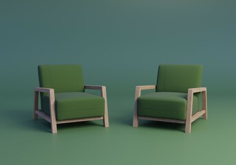 Two Green Modern Armchairs. Monochromatic Living room interior with copy space on empty background. 3D minimal rendering. Conversation, waiting room, dialogue concept. 