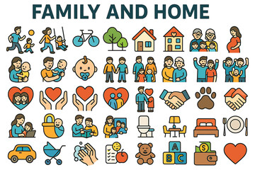 Fototapeta premium creative family and home icons for relationships, home activities, pets, care, love, and family moments, family life icon set