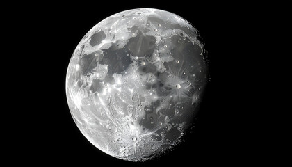 Fototapeta premium A close-up view of the Moon's surface with detailed craters and texture, illuminated by soft moonlight, dark black background, photorealistic style-generative AI