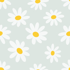 Seamless daisy flower pattern ditsy design featuring white flowers on a light green backdrop