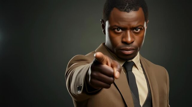 A serious african american man in a brown suit points directly forward with his finger, indicating a strong command or accusation, for a business concept video.