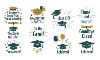 Inspiring Collection of Gold and Black Graduation Emblems and Motivational Quotes. celebrating academic achievement, featuring graduation caps, diplomas, and uplifting messages for graduates.