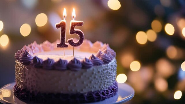 Celebrating a 15th Birthday with a Decorated Cake and Lit Candles in Warm Festive Lighting