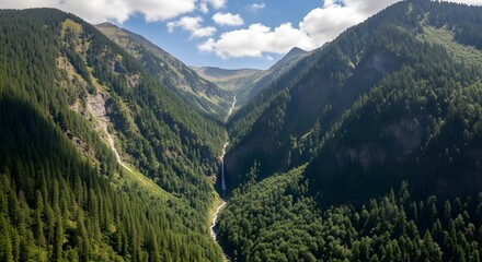 Waterfall in Mountain Valley with Forest Trees