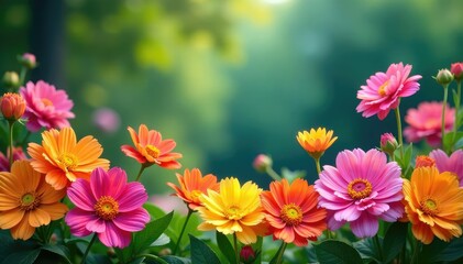 Vibrant border of colorful flowers blooming in a garden , nature, flower arrangement, lush