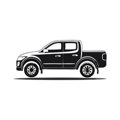 Pickup Truck Side View Vehicle Silhouette Symbol Icon Vector Illustration of a Black Four-Door Truck