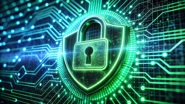 3D Digital Padlock with Encrypted Data and Cyber Shield in High-Tech Security Scene