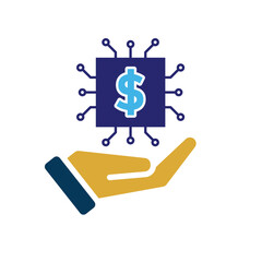 Technology icon. AI in Finance in hand. Chip with dollar symbol. Depicts automation, future, artificial intelligence. Flat design style
