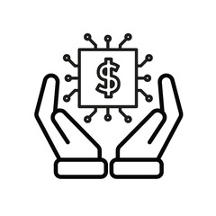 Technology icon. AI in Finance in hand. Chip with dollar symbol. Depicts automation, future, artificial intelligence. Outline design style
