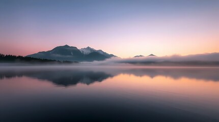  Serene Mountain Lake at Sunrise with Fog and Reflection | 4K HD Wallpaper for PC.