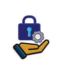 Technology icon. Automatic Security system in hand. Padlock with gears. Depicts automation, future, artificial intelligence. Isometric design style