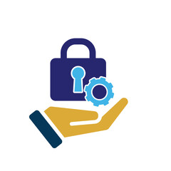 Technology icon. Automatic Security system in hand. Padlock with gears. Depicts automation, future, artificial intelligence. Flat design style