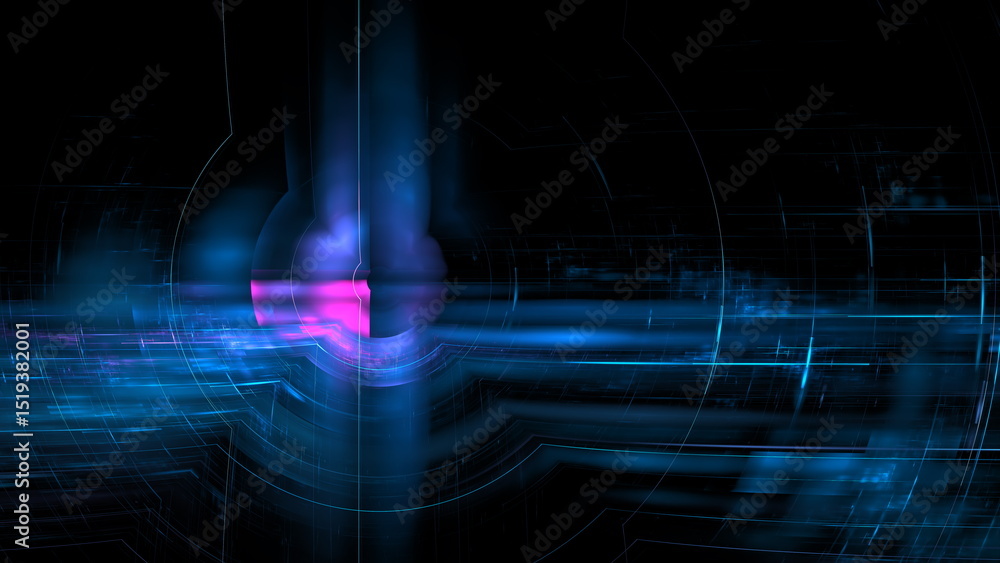 Poster glowing blue and pink lines and shapes create an abstract composition that suggests depth and moveme