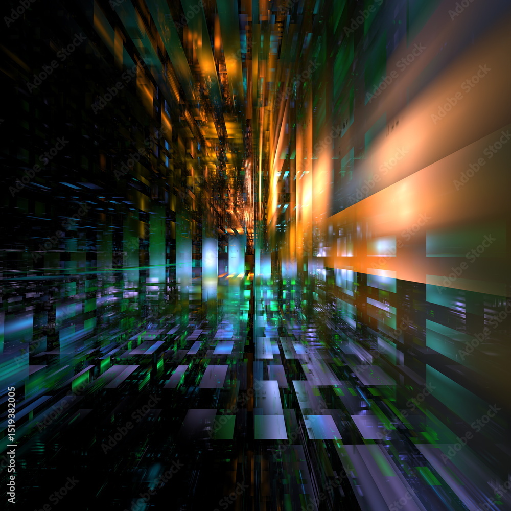 Fototapete abstract composition features bright colors and dynamic lines that create a sense of movement within a grid-like structure. artwork evokes feelings of depth and energy. 3d render