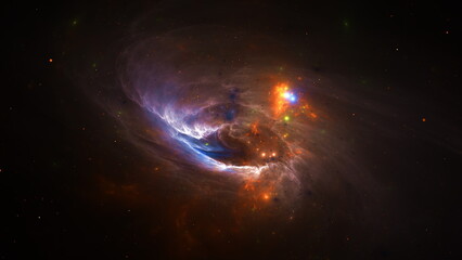 Brilliant colors illustrate a dynamic nebula in deep space, featuring swirling gas, bright stars, and a captivating cosmic landscape that highlights the beauty of the universe. 3d render