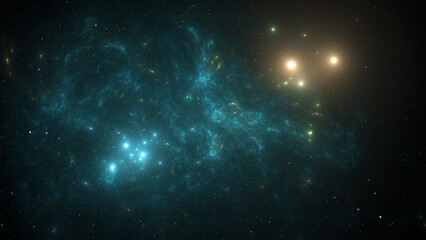 Fototapeta premium Vibrant clusters of blue and golden stars are scattered amidst shimmering cosmic dust in a vast, dark space environment, showcasing the beauty of the universe. 3d render