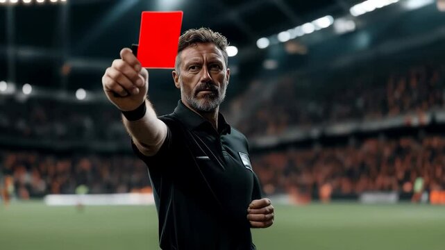 Soccer referee showing red card at soccer stadium. Sports officiating and fair play concept