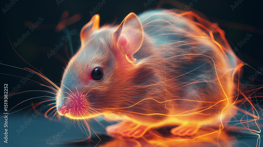 Poster this holographic projection of a glowing pet mouse floats softly in a dimly lit environment.