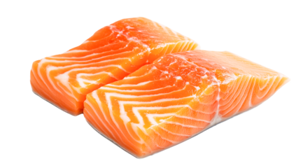 Two raw salmon fillets closeup view isolated on transparent PNG