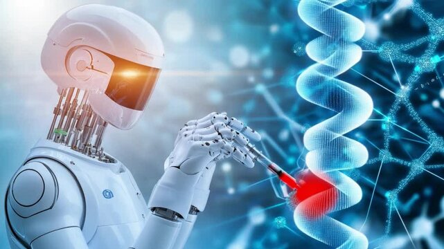 Futuristic Robot with Test Tube Working on Genetic Research in a High-Tech Laboratory Environment