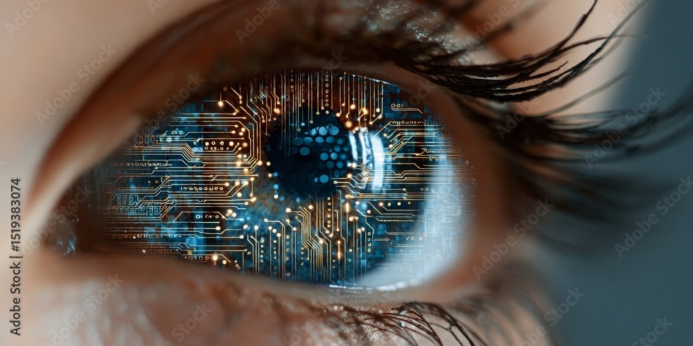 Poster cyborg eye scanning digital data with binary code and augmented reality technology concept