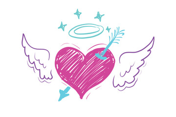 Hand Drawn Vector Creative Doodle Heart Design Element. Isolated on White Background. Magenta, Blue and Purple Neon Colors Sketch Design. Angel Heart with Wings and Halo love heart symbol. 