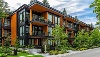 Fototapeta premium A stunning modern apartment complex featuring three stories of dark orange buildings with wooden accents, surrounded by lush greenery and trees in the heart of an urban setting.