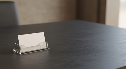 Blank white business card in a clear holder on a dark table. Space for text. Mockup template for brand identity showcase.