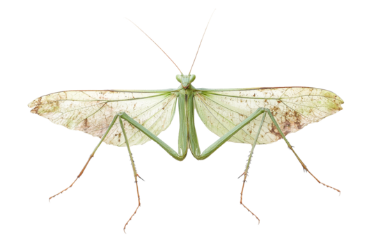 Detailed view of a pale green praying mantis with spread wings isolated on transparent PNG