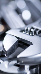 Close-up view of various metal tools scattered across a workbench, featuring wrenches and pliers, highlighting their design and functionality in a workshop environment.