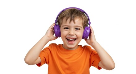 Happy Boy Listening to Music with Purple Headphones Smiling Wide