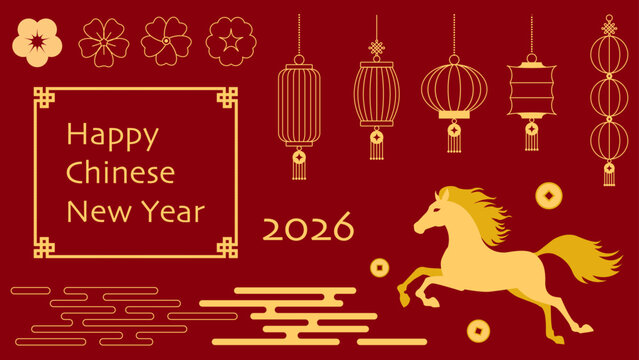 Chinese New Year 2026 festive element vector set. Chinese traditional border frame. Lunar New Year holiday decoration cherry blossom, cinese lantern, clouds, coin. Year of the horse  