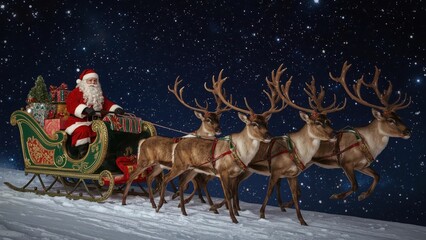 Santa Claus riding sleigh pulled by reindeer under full moon in snowy forest on Christmas Eve, carrying gifts. Magical winter night scene.