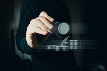 businessman work from home by using a tablet pen to touch hologram icon floating, man use technology to success in financial trading money system