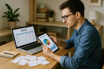 Financial planning helps achieve long-term financial stability and goals. Efficient workspace with man analyzing financial data on tablet, surrounded by budget sheets and laptop.