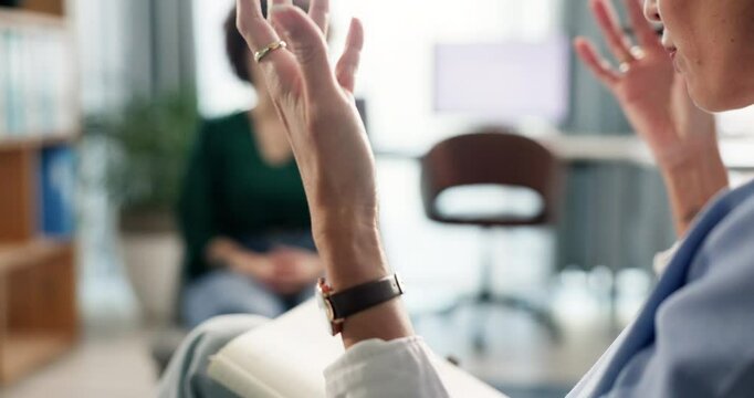 Psychologist, hands and woman in counseling for mental health, discussion and recovery support for anxiety. Patient, therapist and person with consultation, advice and conversation in session