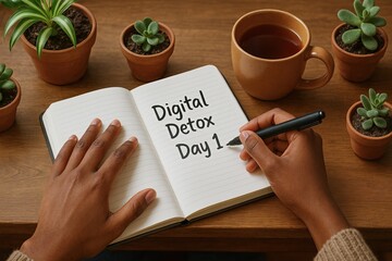 Digital Detox Day 1 is written in notebook, surrounded by potted plants and cup of tea, symbolizing fresh start and mindfulness