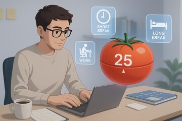 Person working on laptop with floating Pomodoro timer, symbolizing productivity and time management. scene conveys focus and efficiency